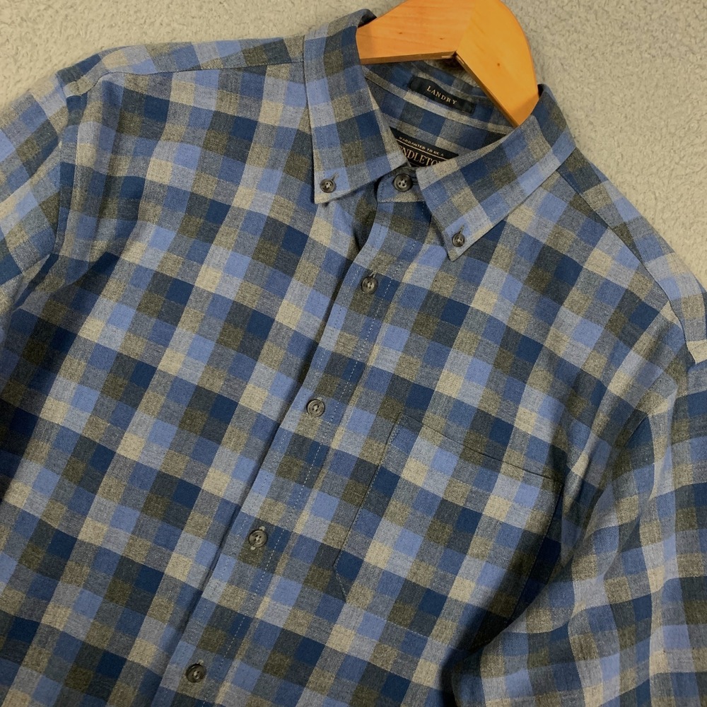 Pendleton Landry Shirt Mens Large Blue/Gray Plaid Button Down Flannel Wool Blend